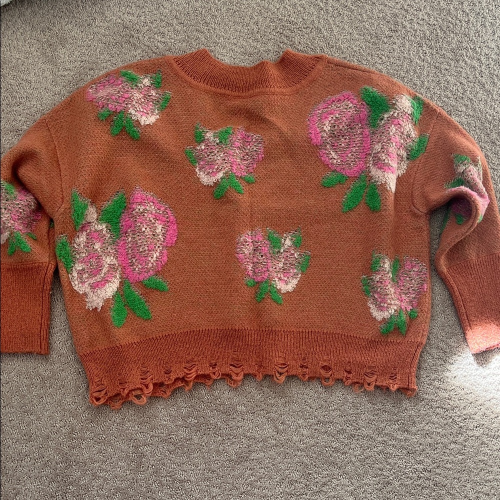 Anthropologie Drop Shoulder Floral Knit V-neck distressed Sweater - Picture 3 of 4